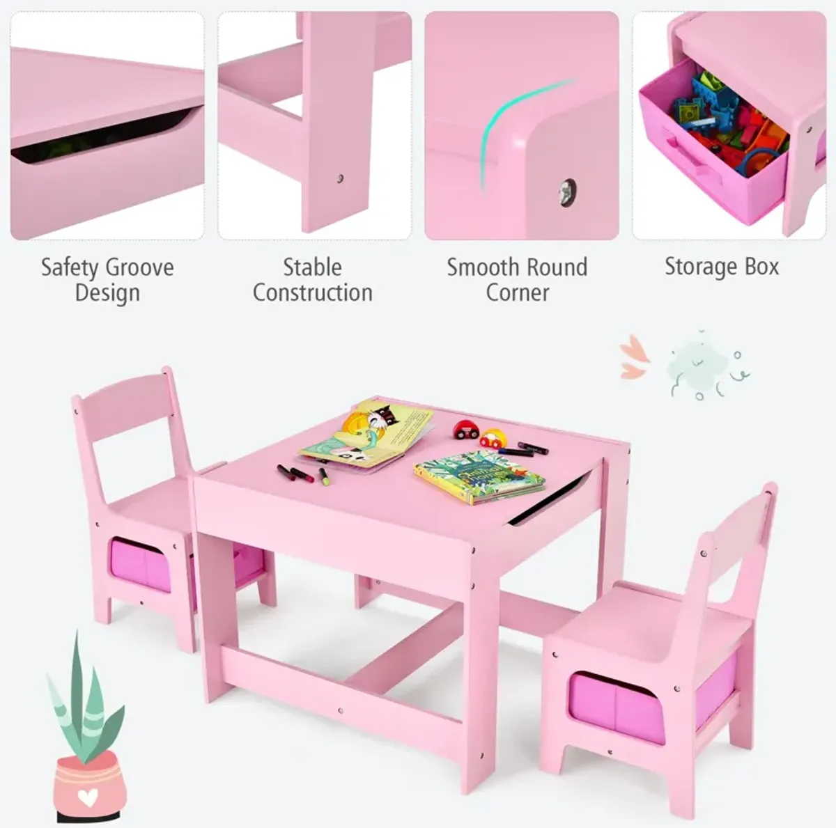 Kids Table Chairs Set With Storage Boxes Blackboard Whiteboard Drawing