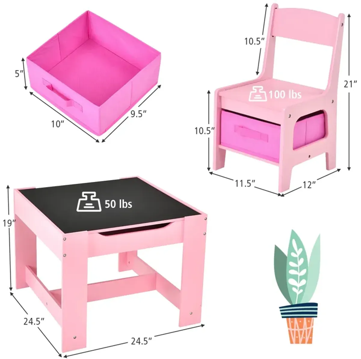 Kids Table Chairs Set With Storage Boxes Blackboard Whiteboard Drawing