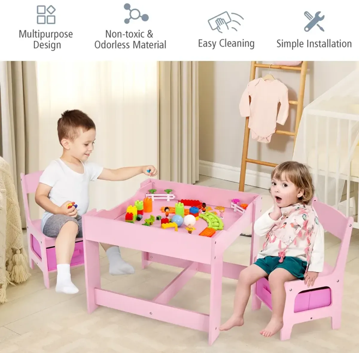 Kids Table Chairs Set With Storage Boxes Blackboard Whiteboard Drawing