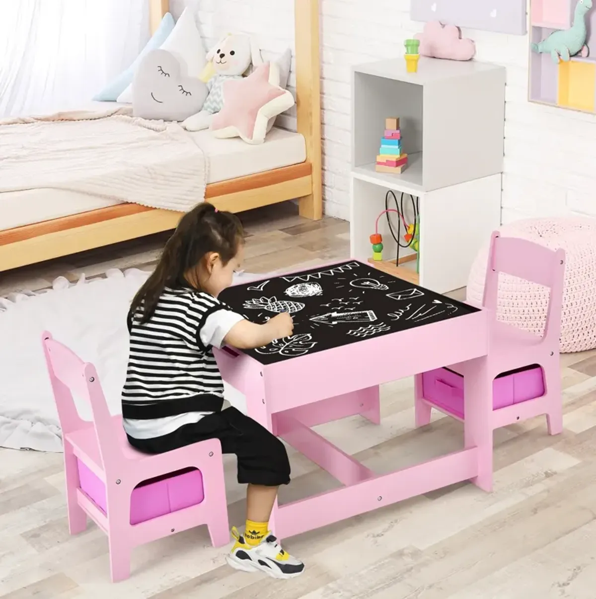 Kids Table Chairs Set With Storage Boxes Blackboard Whiteboard Drawing