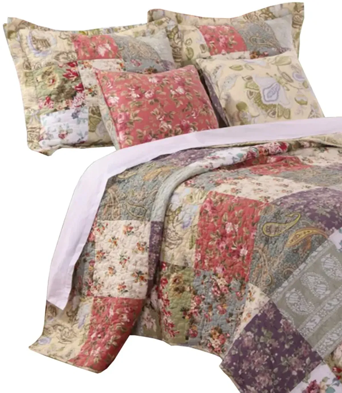 Chicago 5 Piece Fabric Queen Size Quilt Set with Jacobean Prints,Multicolor - Benzara