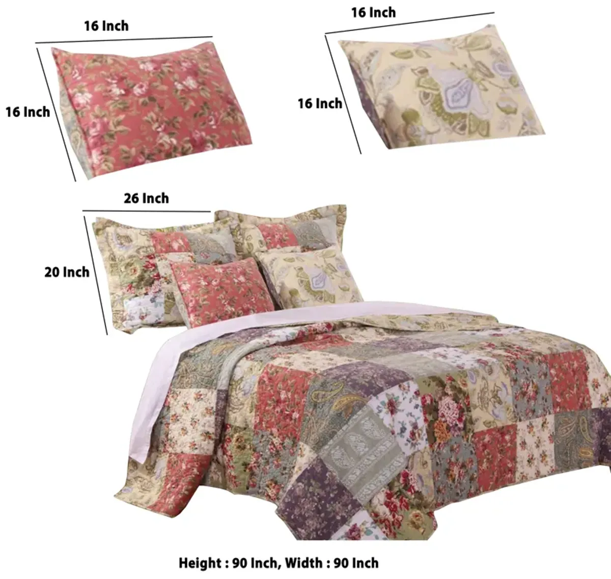 Chicago 5 Piece Fabric Queen Size Quilt Set with Jacobean Prints,Multicolor - Benzara