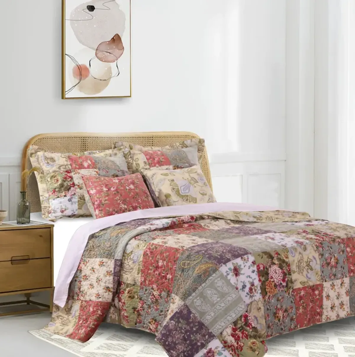 Chicago 5 Piece Fabric Queen Size Quilt Set with Jacobean Prints,Multicolor - Benzara