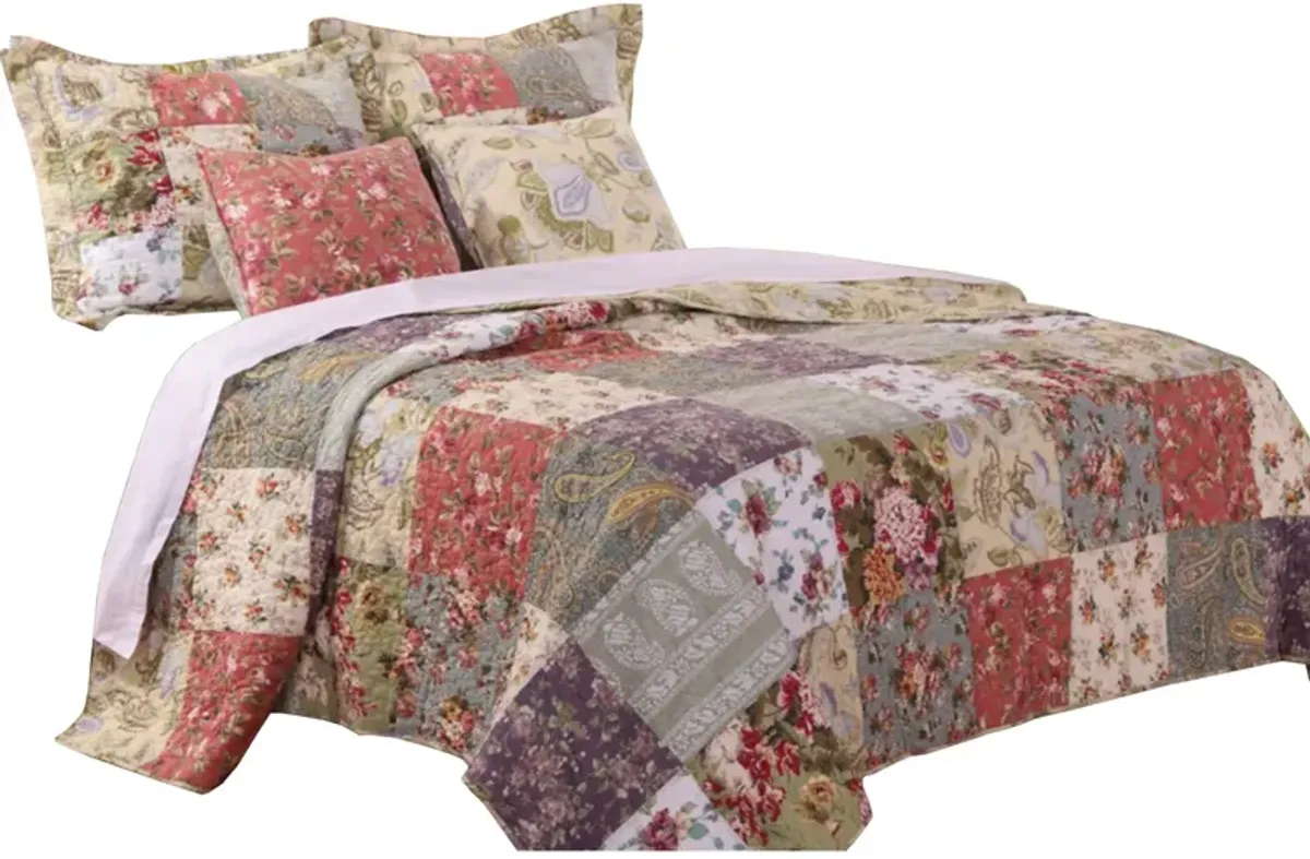 Chicago 5 Piece Fabric Queen Size Quilt Set with Jacobean Prints,Multicolor - Benzara