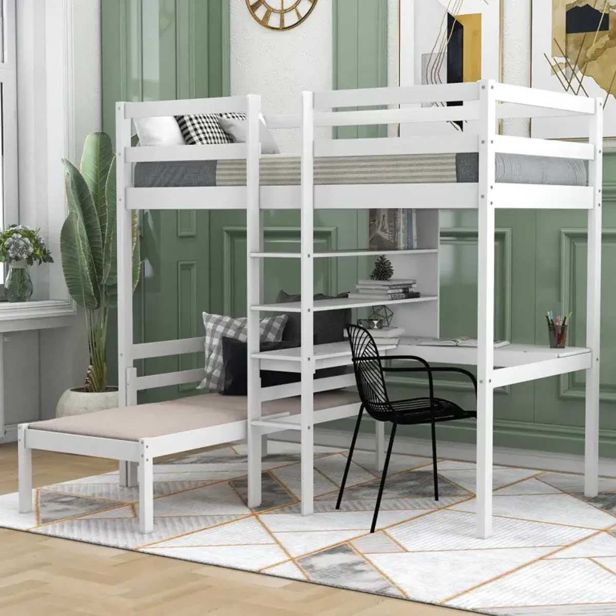 Convertible Loft Bed With L-Shaped Desk, Twin Bunk Bed With Shelves And Ladder