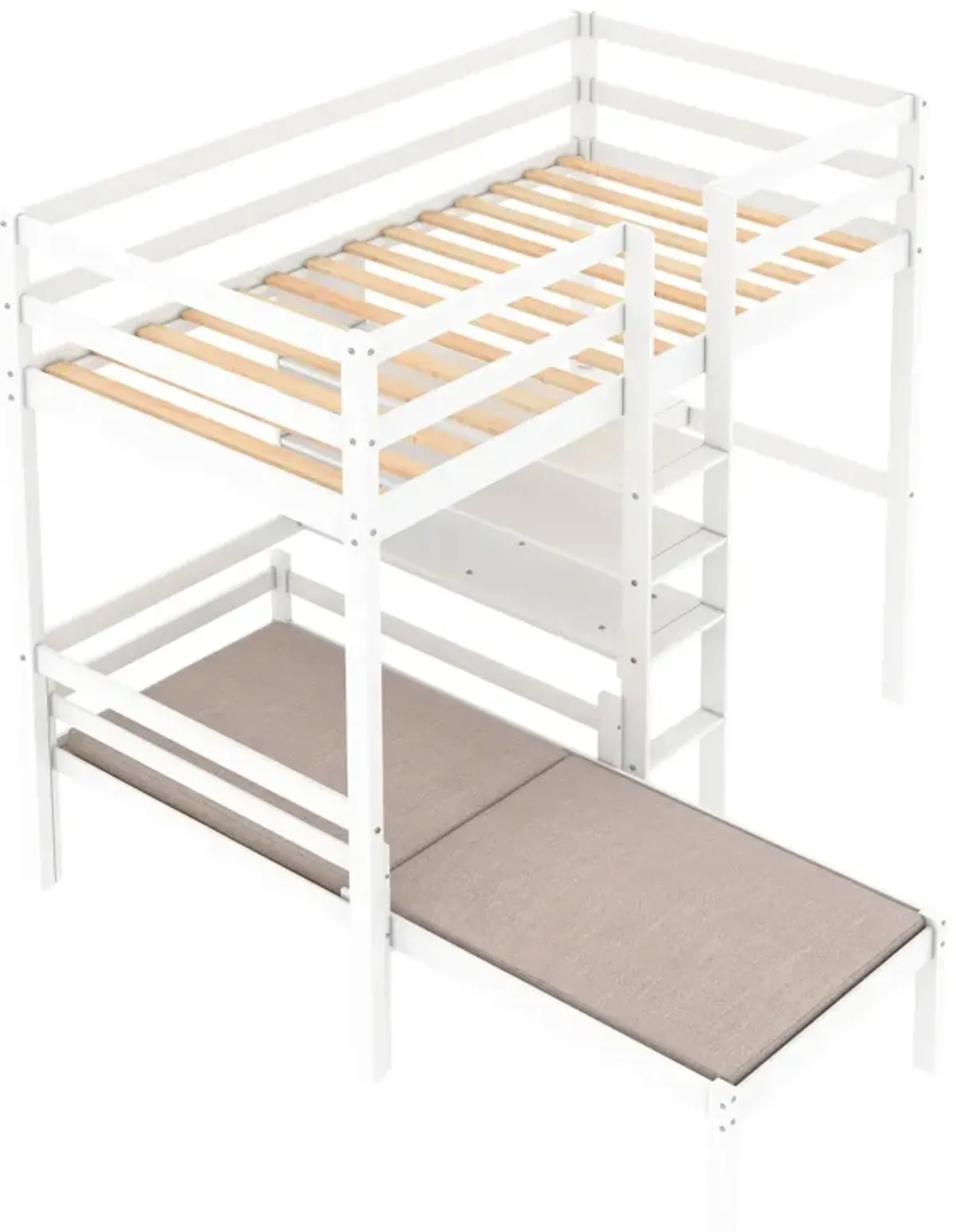 Convertible Loft Bed With L-Shaped Desk, Twin Bunk Bed With Shelves And Ladder