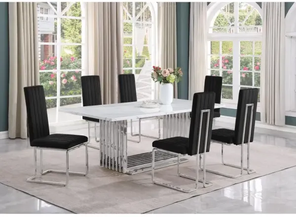 Best Quality Furniture 7pc Large(79) marble top dining set with silver base and 6 Black side chairs