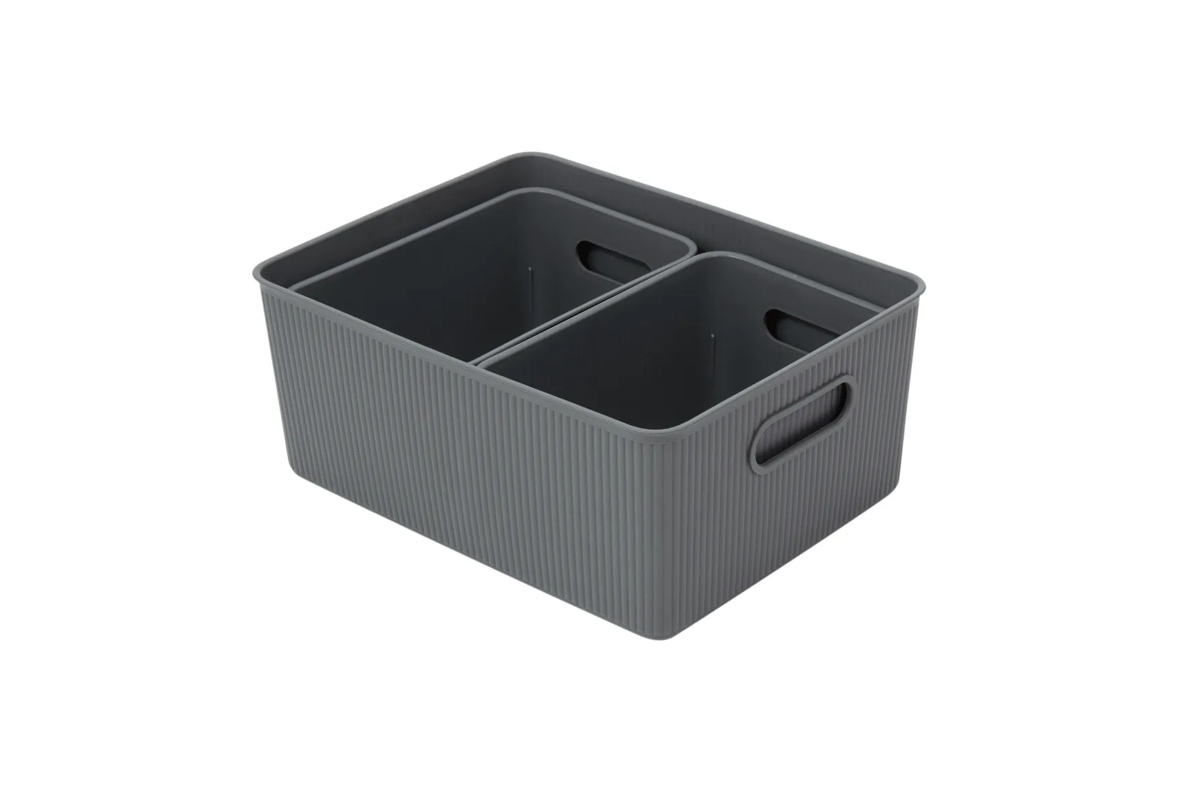 Set of 3 Ribbed Bins 1x15L, 2x5L, Grey