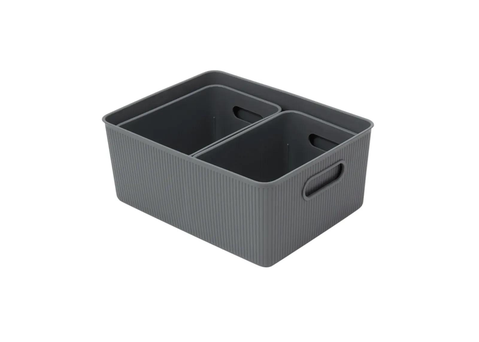 Set of 3 Ribbed Bins 1x15L, 2x5L, Grey