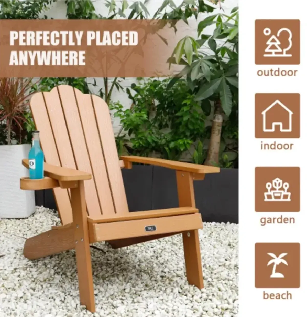 Adirondack Chair Backyard Outdoor Furniture Painted Seating with Cup Holder All-Weather and Fade-Resistant Plastic Wood for Lawn Patio Deck Garden Porch Lawn Furniture Chairs Brown