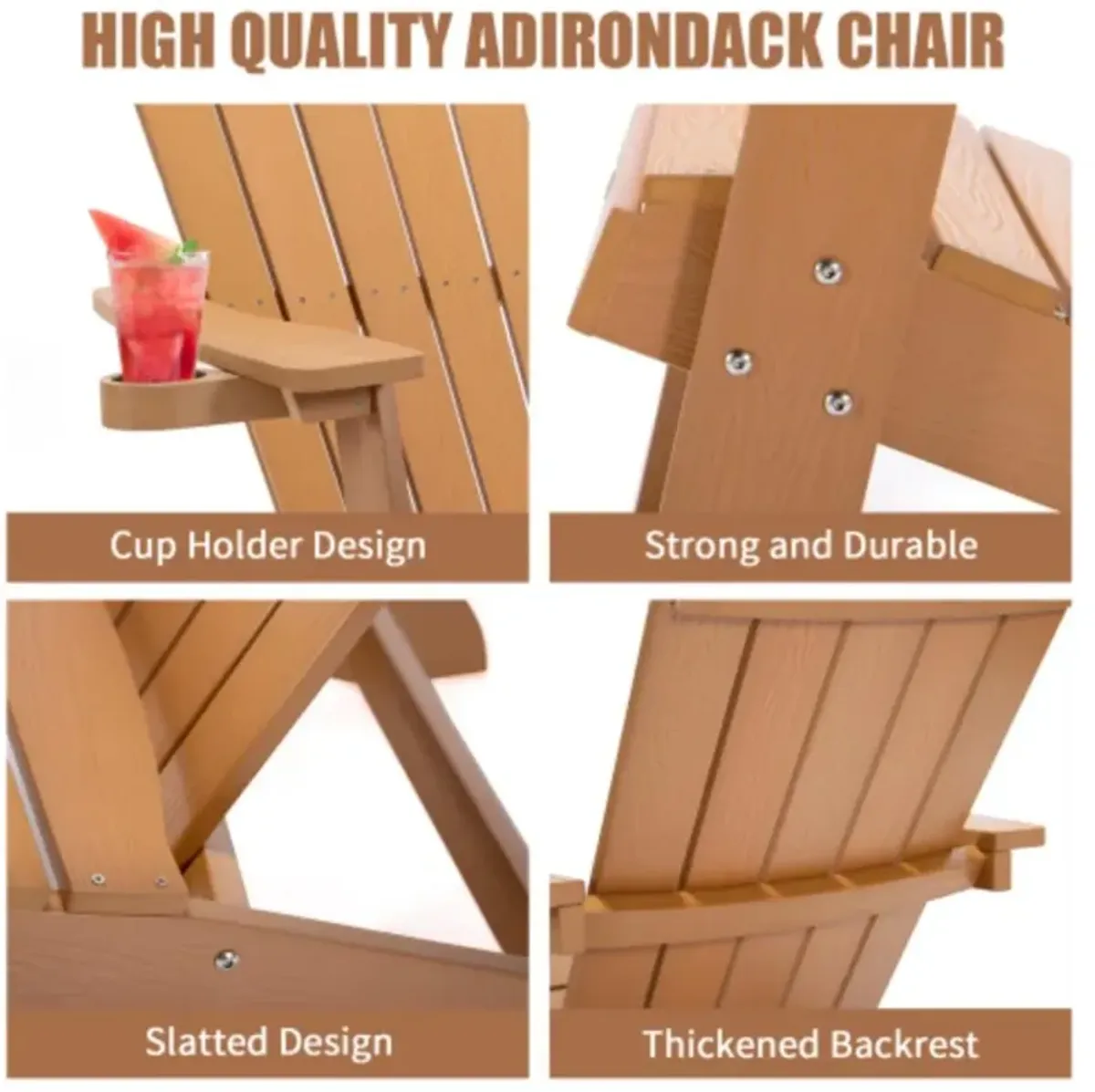 Adirondack Chair Backyard Outdoor Furniture Painted Seating with Cup Holder All-Weather and Fade-Resistant Plastic Wood for Lawn Patio Deck Garden Porch Lawn Furniture Chairs Brown