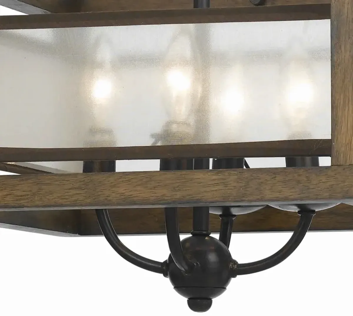 4 Bulb Semi Flush Pendant with Wooden Frame and Organza Striped Shade,Brown-Benzara