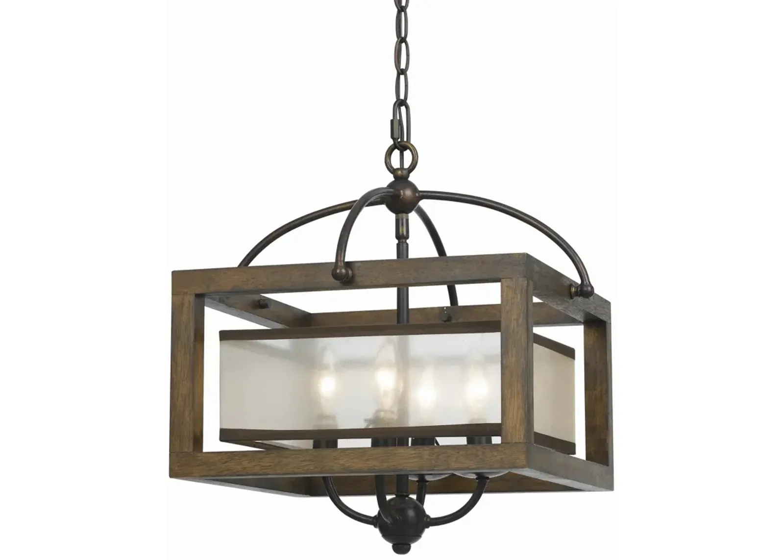 4 Bulb Semi Flush Pendant with Wooden Frame and Organza Striped Shade,Brown-Benzara