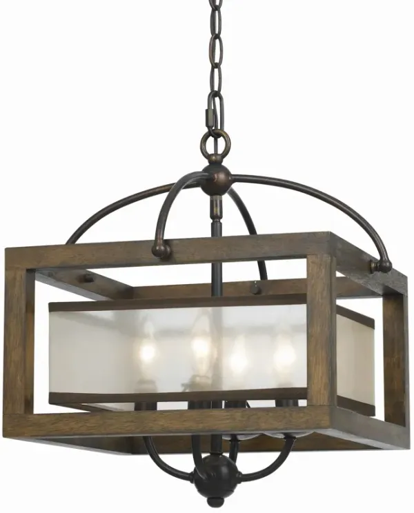 4 Bulb Semi Flush Pendant with Wooden Frame and Organza Striped Shade,Brown - Benzara