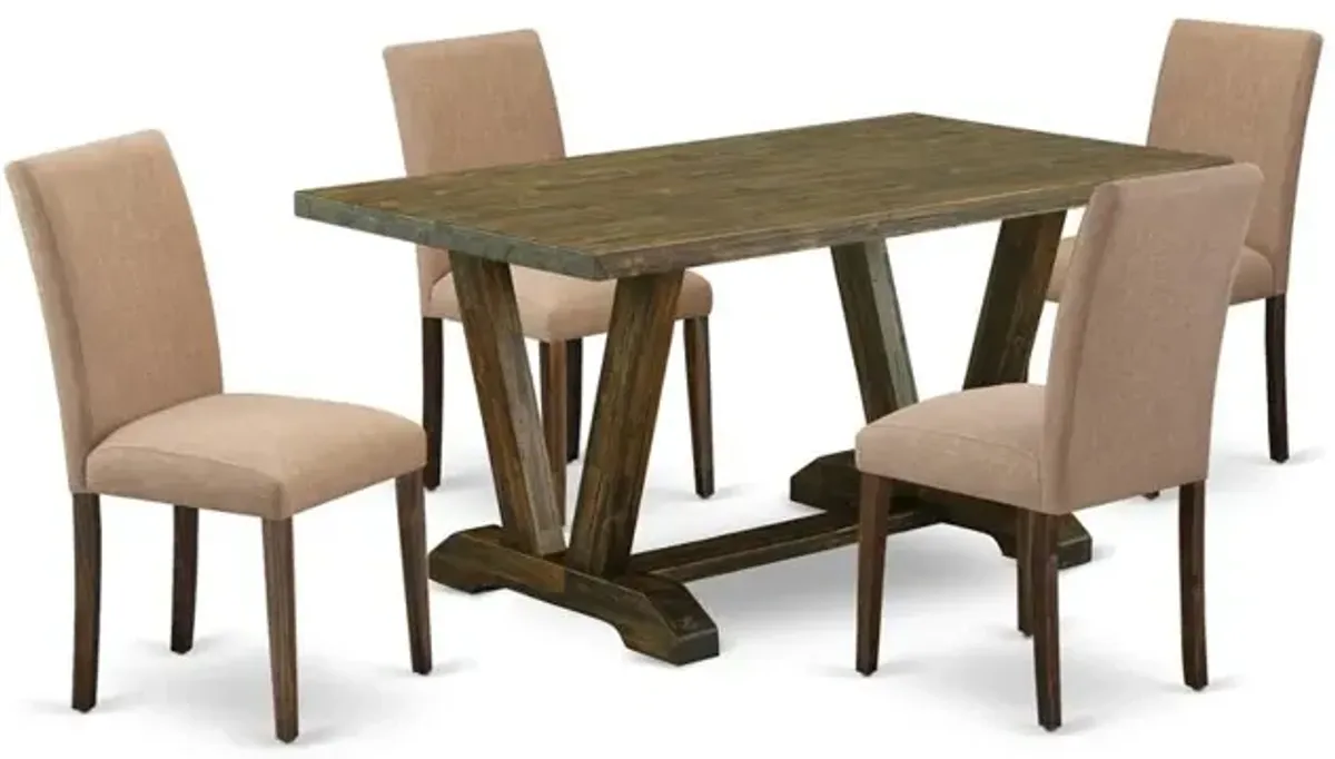 East West Furniture 5-Piece Modern Dining Table Set-A Mid Century Dining Table and 4Linen FabricModern Chairs with High Back - Distressed Jacobean Finish