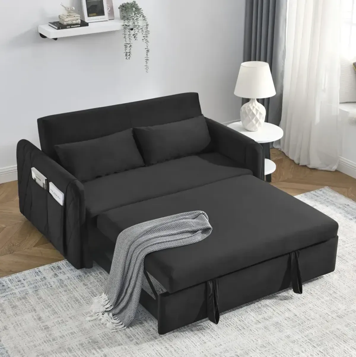 55" Modern Convertible Sofa Bed With 2 Detachable Arm Pockets, Velvet Loveseat Sofa With Pull Out