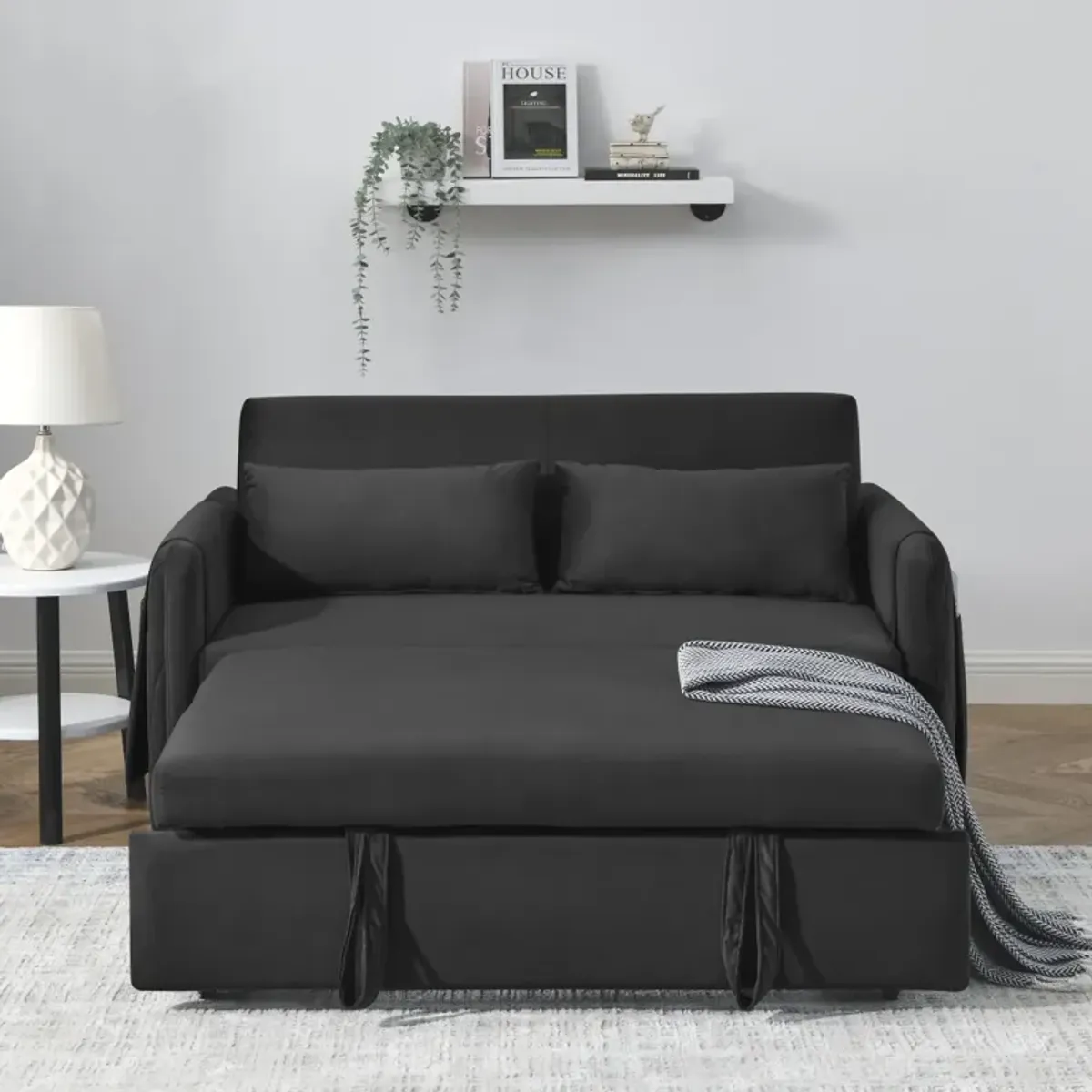 55" Modern Convertible Sofa Bed With 2 Detachable Arm Pockets, Velvet Loveseat Sofa With Pull Out