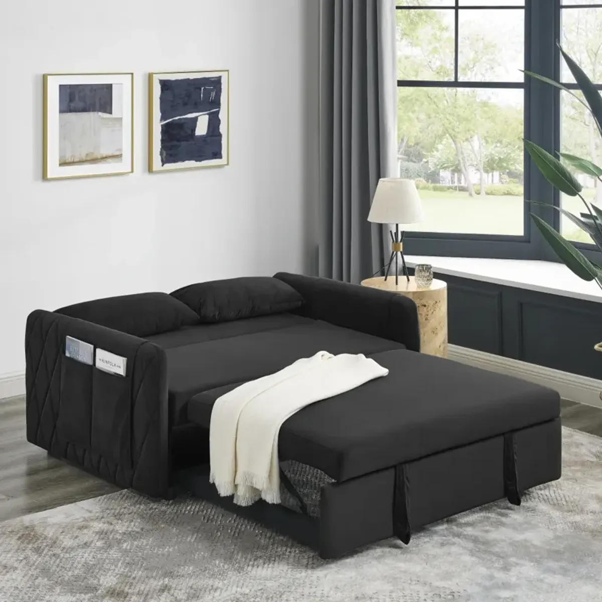 55" Modern Convertible Sofa Bed With 2 Detachable Arm Pockets, Velvet Loveseat Sofa With Pull Out