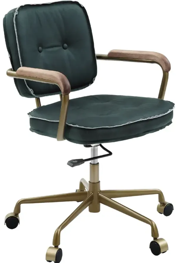 Office Chair with Leather Seat and Button Tufted Back, Green - Benzara