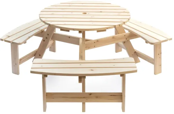 Wooden Outdoor Round Picnic Table with Bench for Patio, 6- Person with Umbrella Hole - Stained