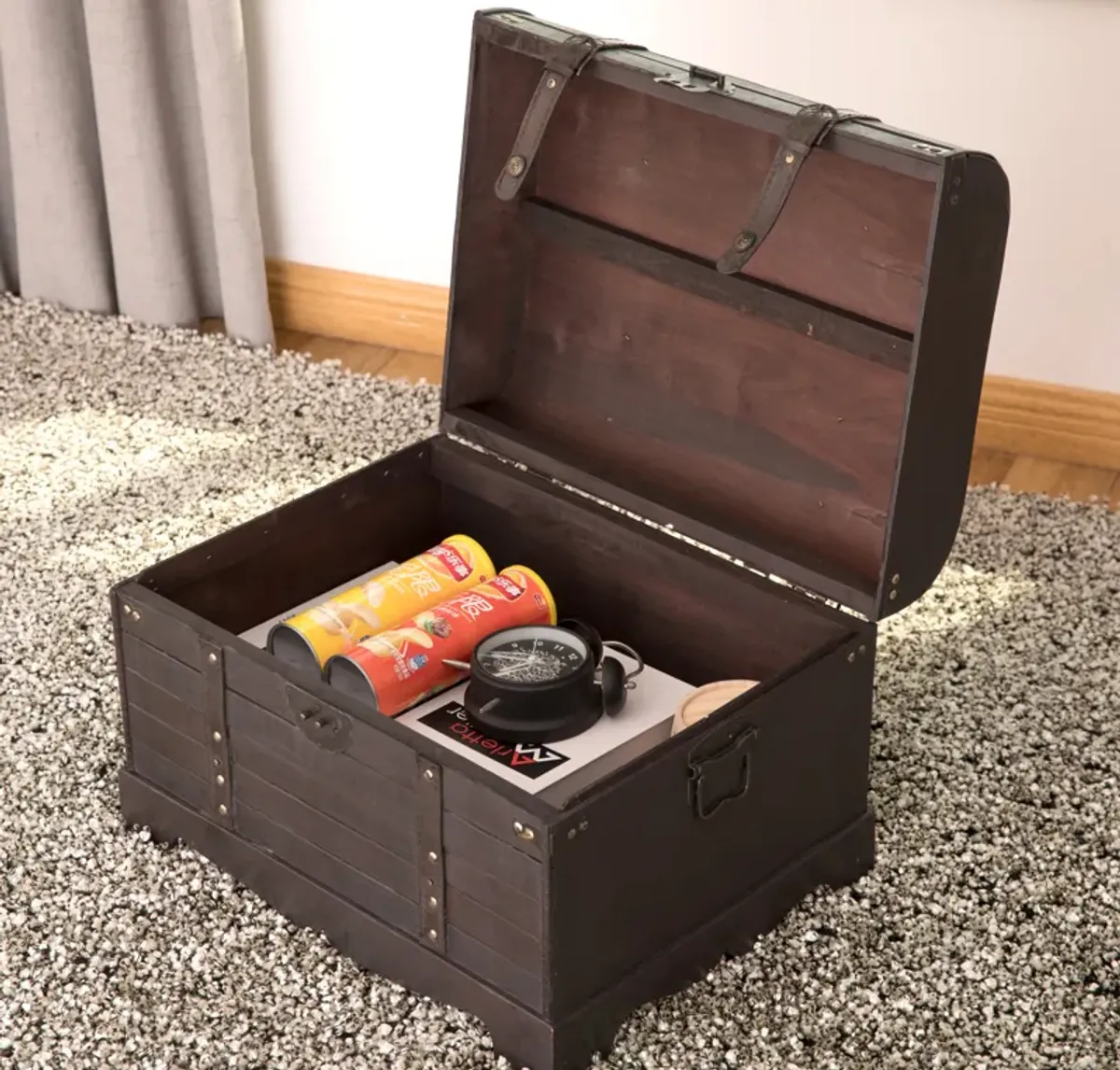 Antique Style Black Wooden Steamer Trunk, Coffee Table