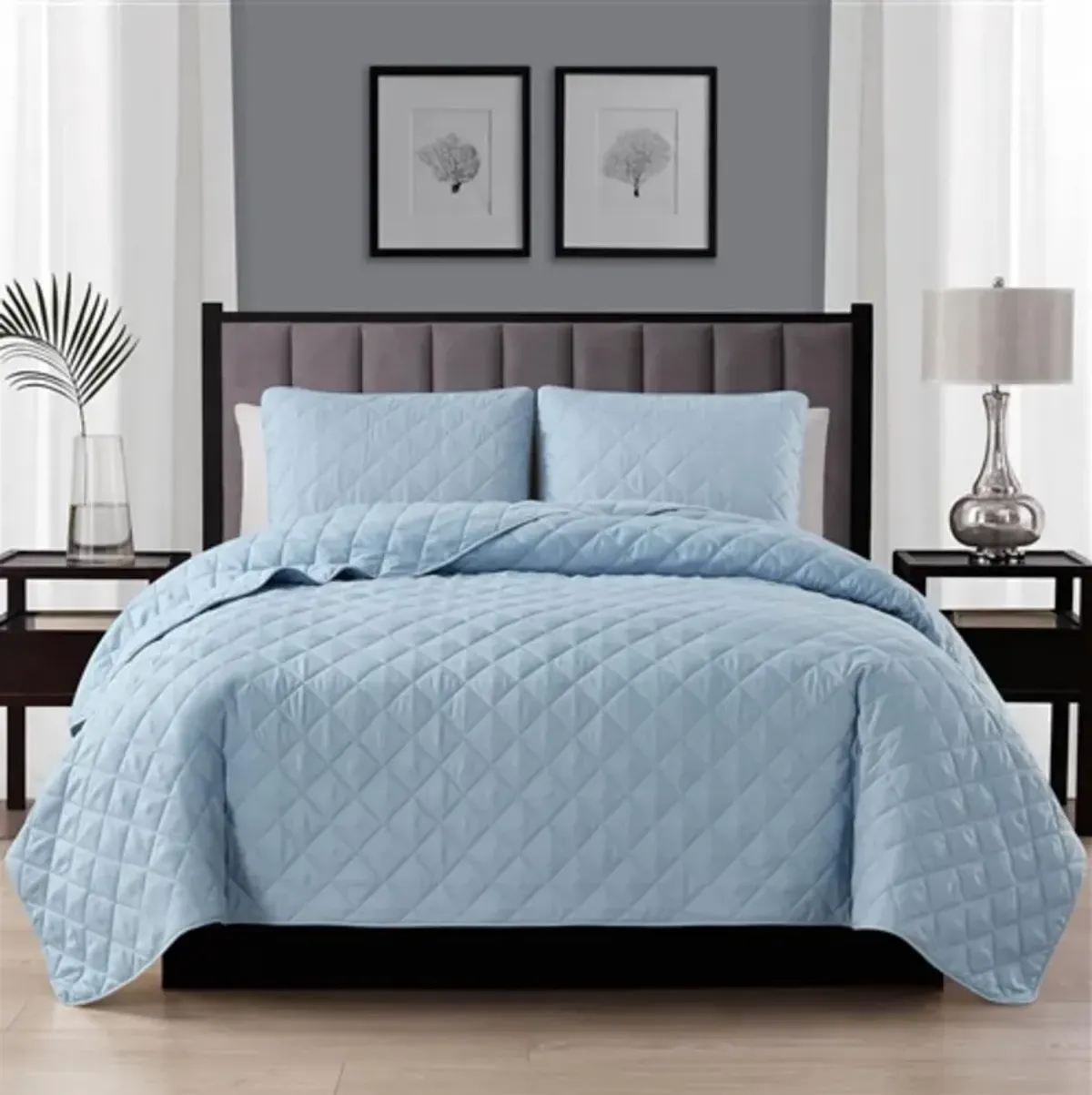 Hivvago King/CAL King 3 Piece Light Blue Microfiber Reversible Diamond Quilt Set