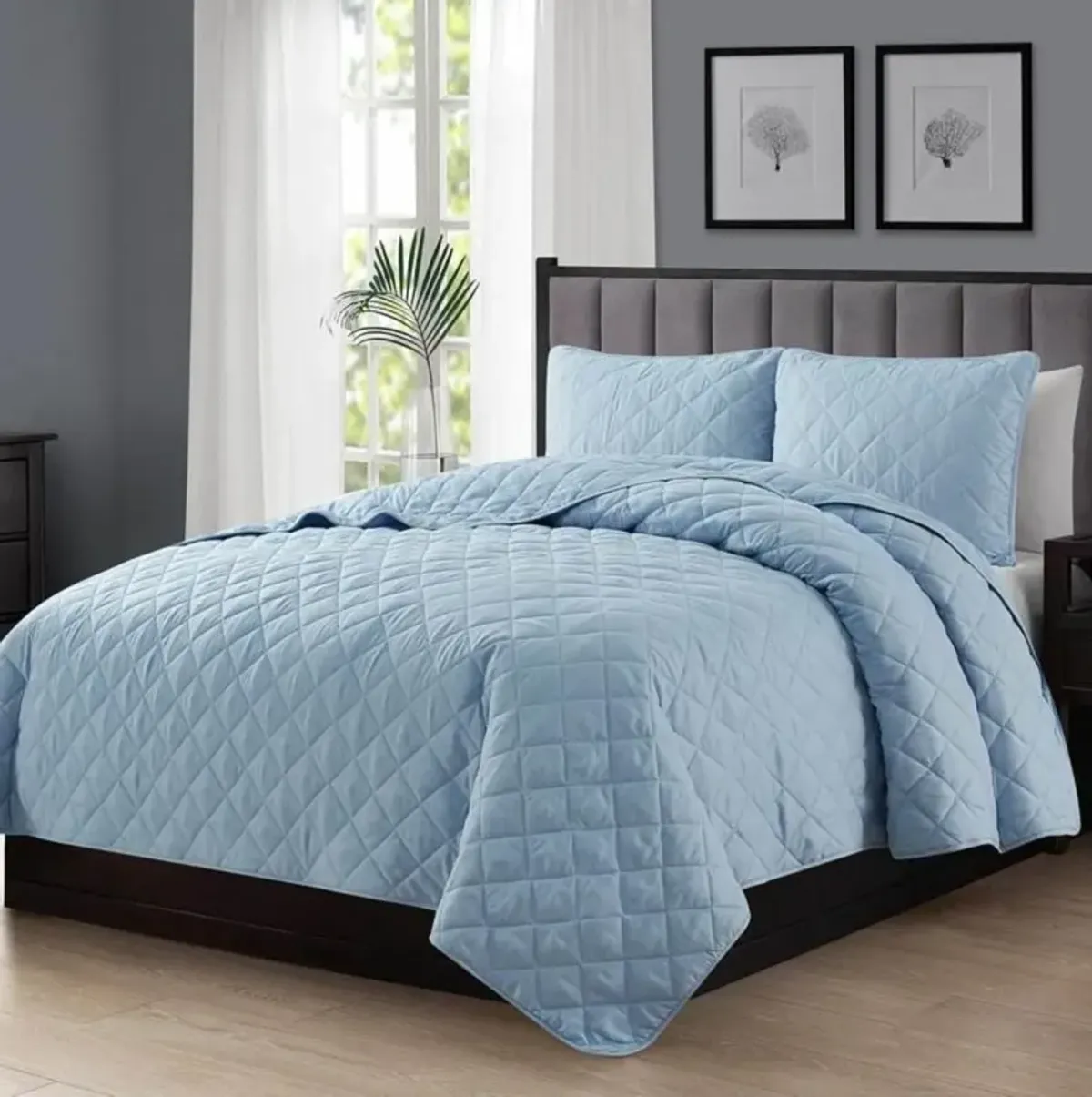 Hivvago King/CAL King 3 Piece Light Blue Microfiber Reversible Diamond Quilt Set