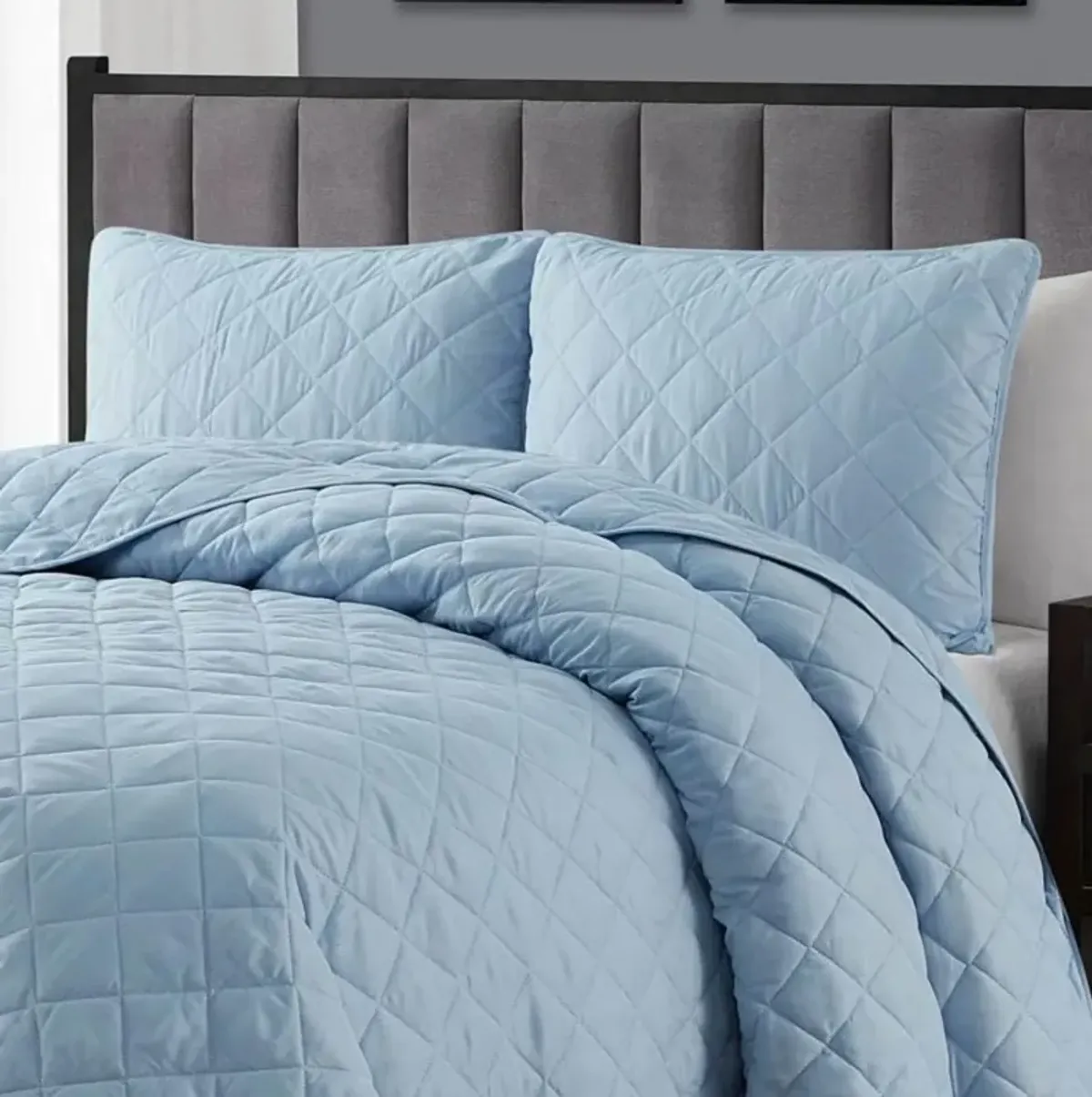 Hivvago King/CAL King 3 Piece Light Blue Microfiber Reversible Diamond Quilt Set