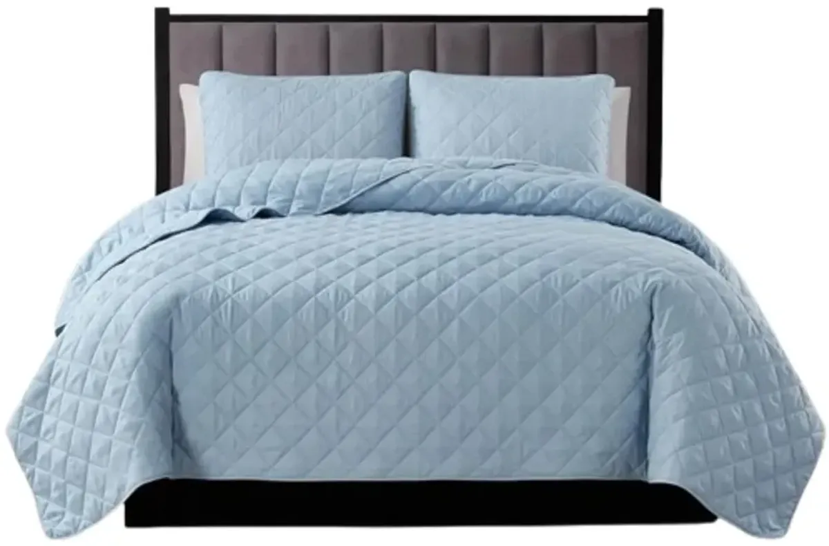 Hivvago King/CAL King 3 Piece Light Blue Microfiber Reversible Diamond Quilt Set