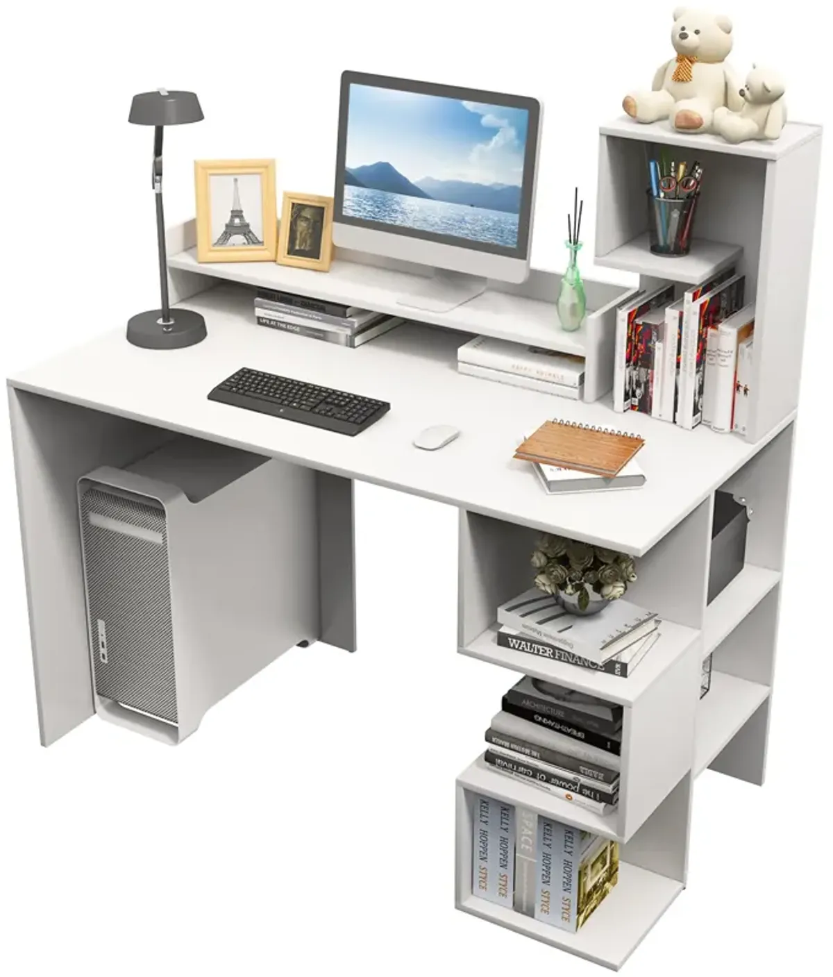 Modern Computer Desk with Storage Bookshelf and Hutch for Home Office