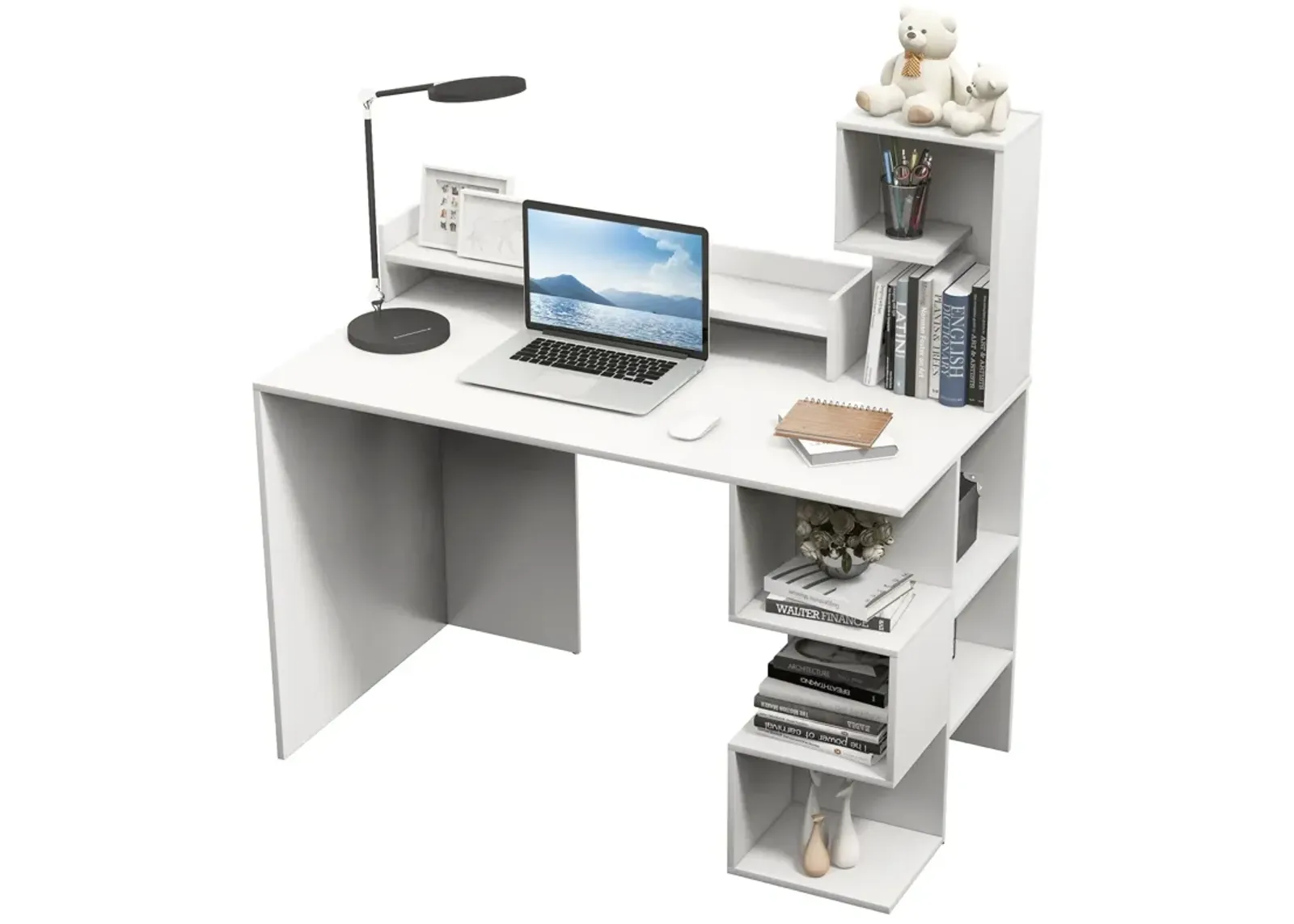 Modern Computer Desk with Storage Bookshelf and Hutch for Home Office