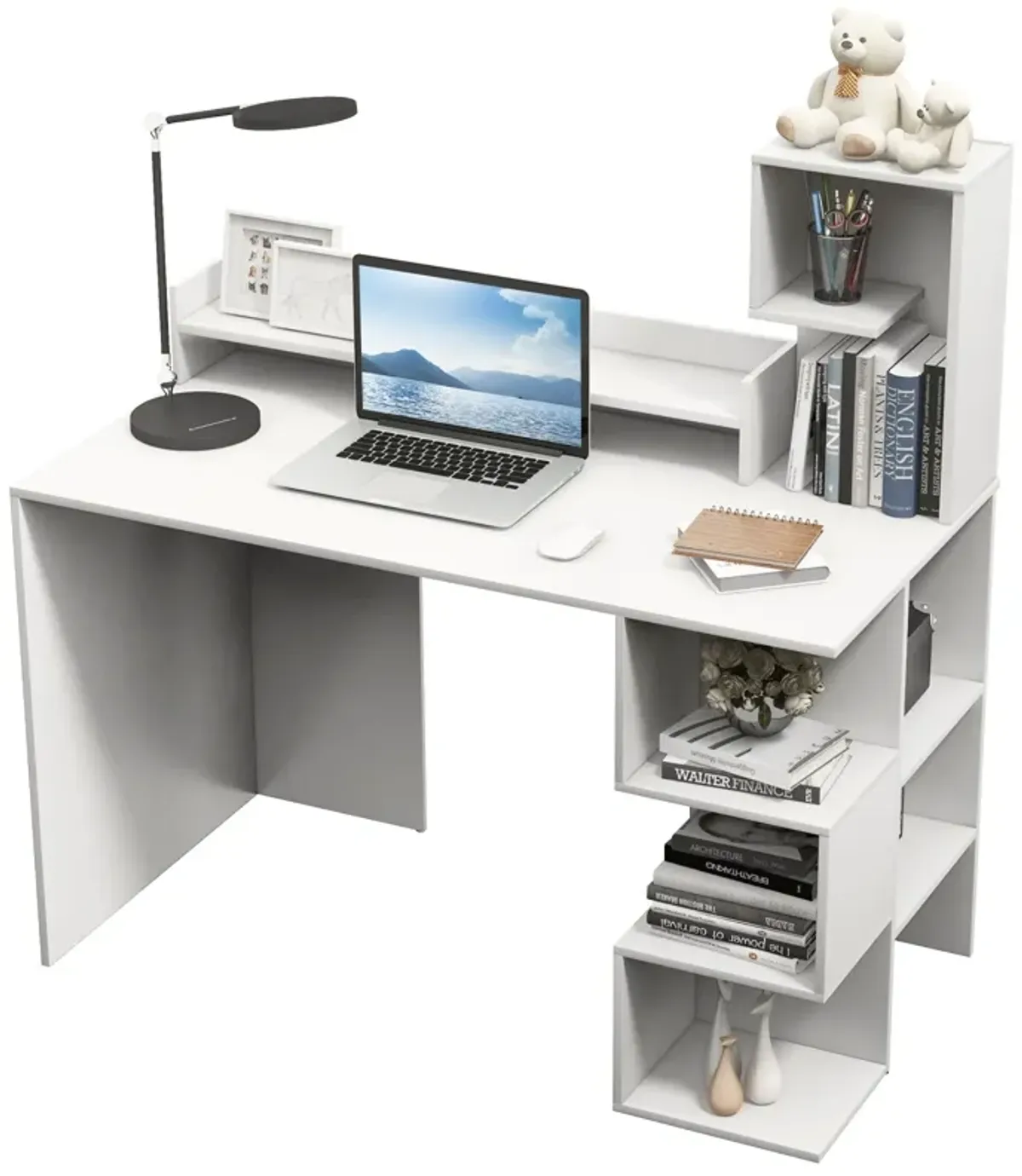 Modern Computer Desk with Storage Bookshelf and Hutch for Home Office