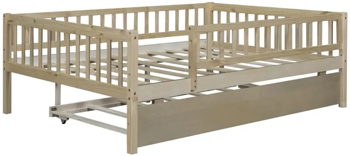 Full Size Wood Daybed With Trundle And Fence Guardrails