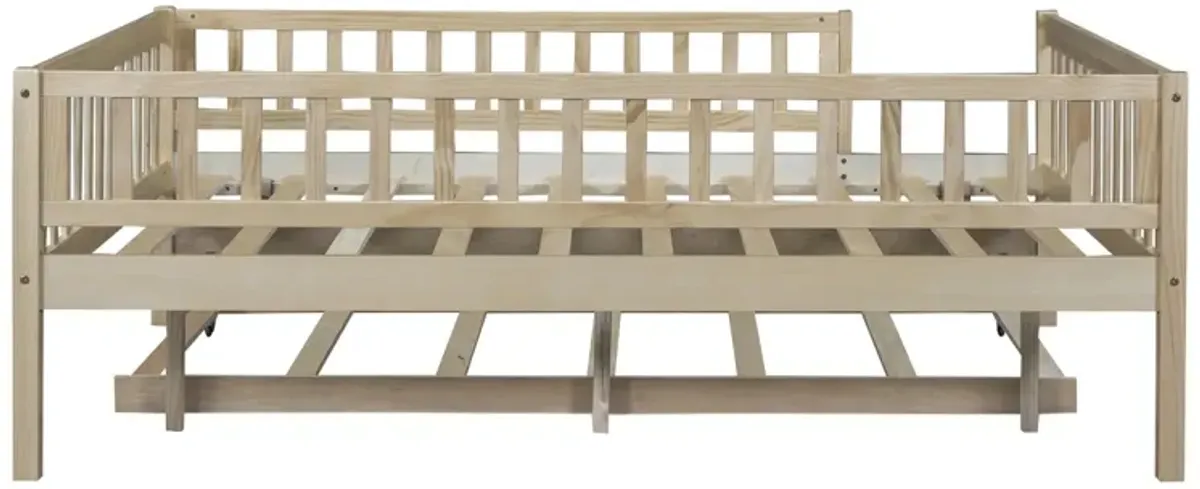 Full Size Wood Daybed With Trundle And Fence Guardrails