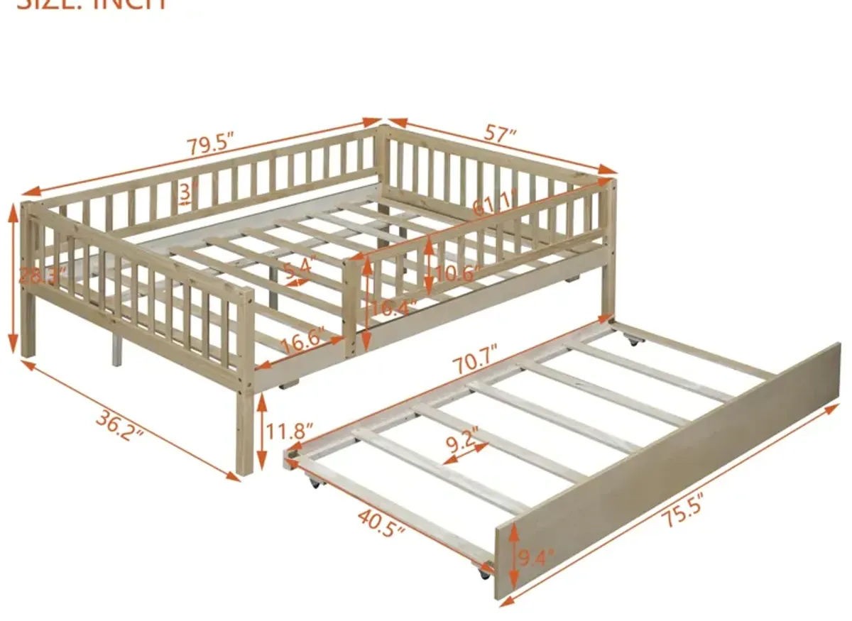 Full Size Wood Daybed With Trundle And Fence Guardrails