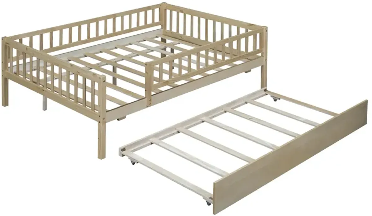 Full Size Wood Daybed With Trundle And Fence Guardrails