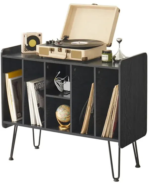 Large Record Player Stand with Vinyl Storage, Black Record Player Table with Power and USB Port, Holds Up to 200 Albums, Turntab