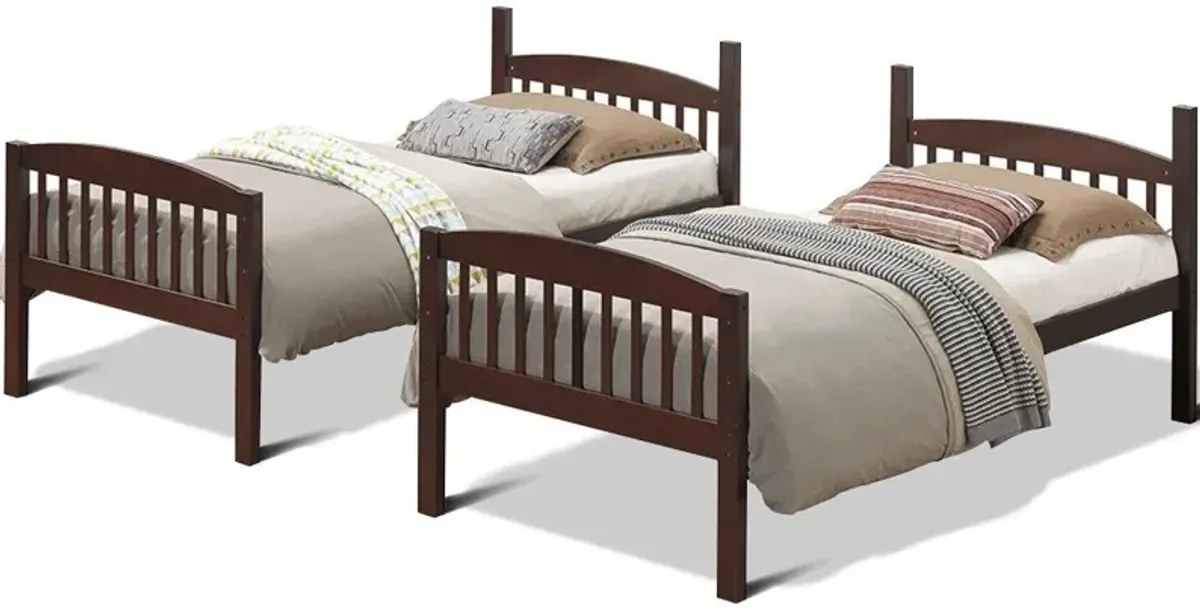 Twin over Twin Wooden Bunk Bed with Ladder in Dark Brown Finish