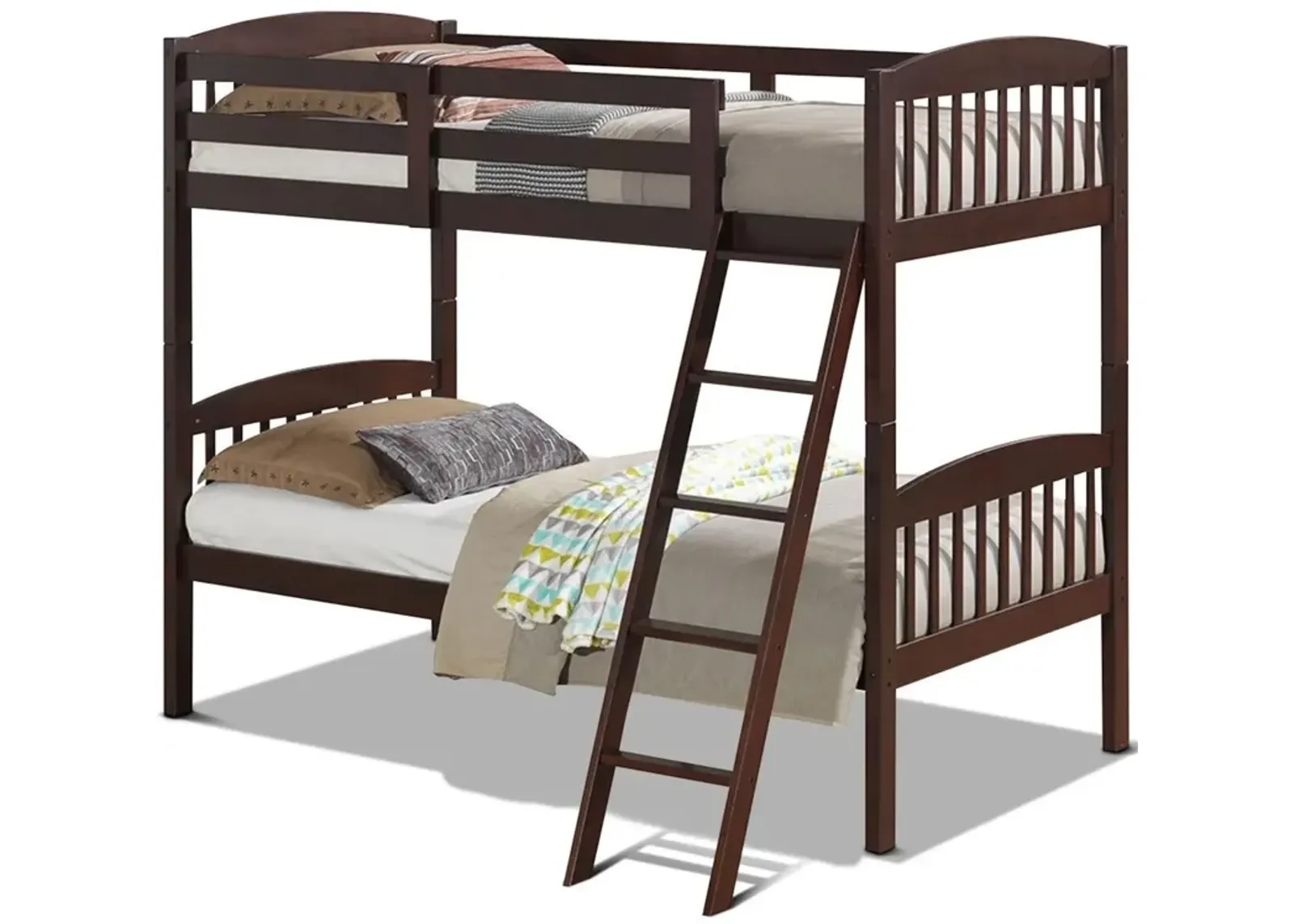 Twin over Twin Wooden Bunk Bed with Ladder in Dark Brown Finish