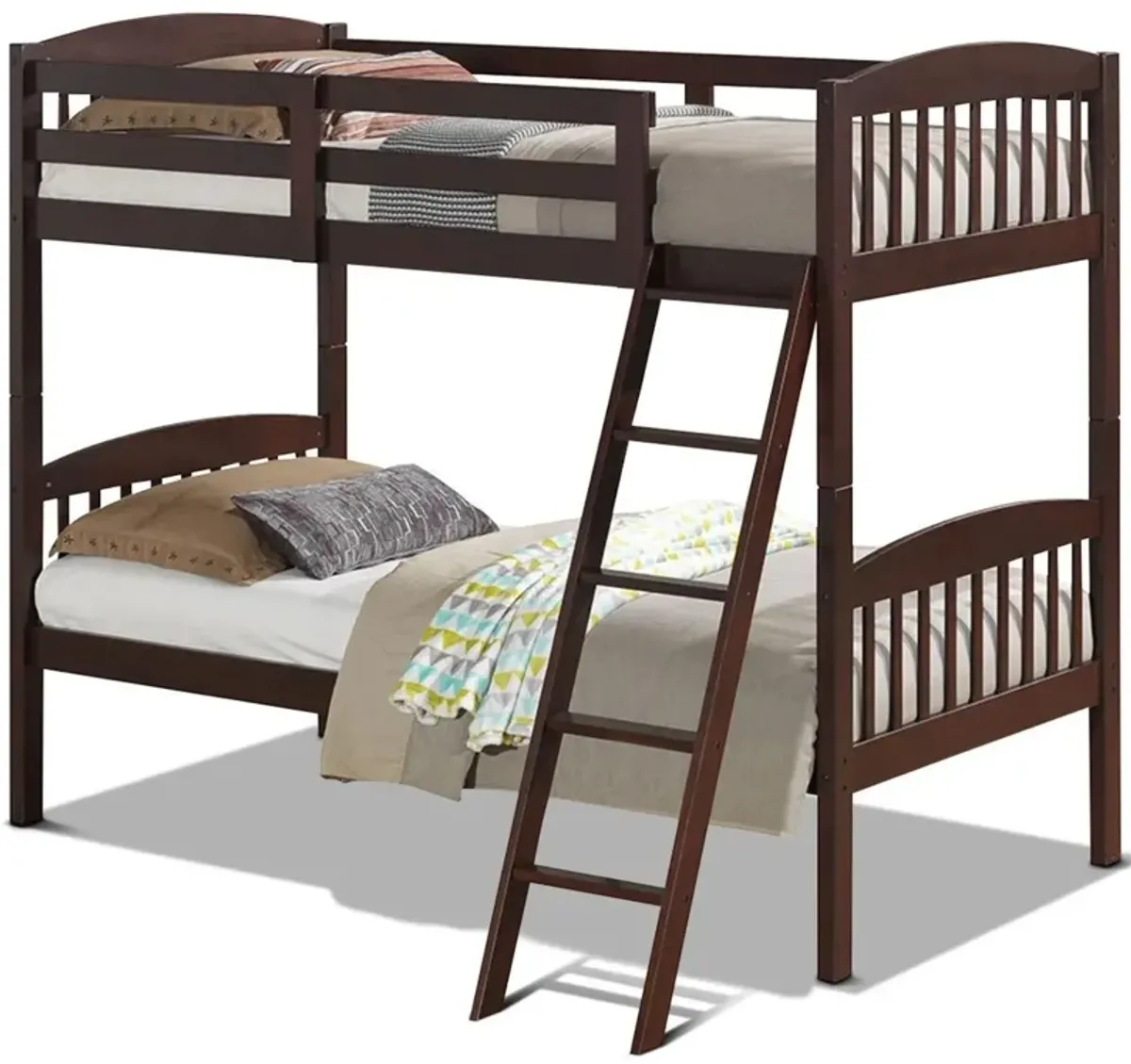 Twin over Twin Wooden Bunk Bed with Ladder in Dark Brown Finish