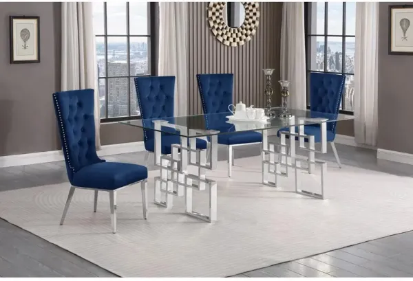 5-piece glam dining set with 4 navy blue chairs and a 79" long glass  table