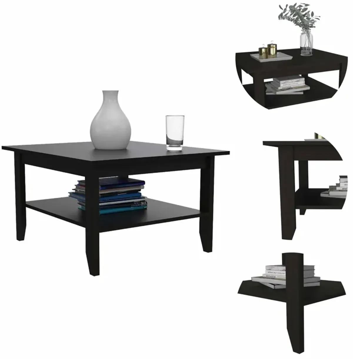 Hivvago Modern Jet Black Coffee Table with Shelf