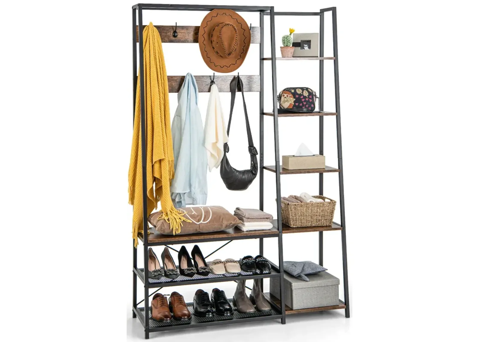 5-in-1 Entryway Hall Tree with Storage Bench with 9 Hooks-Rustic Brown