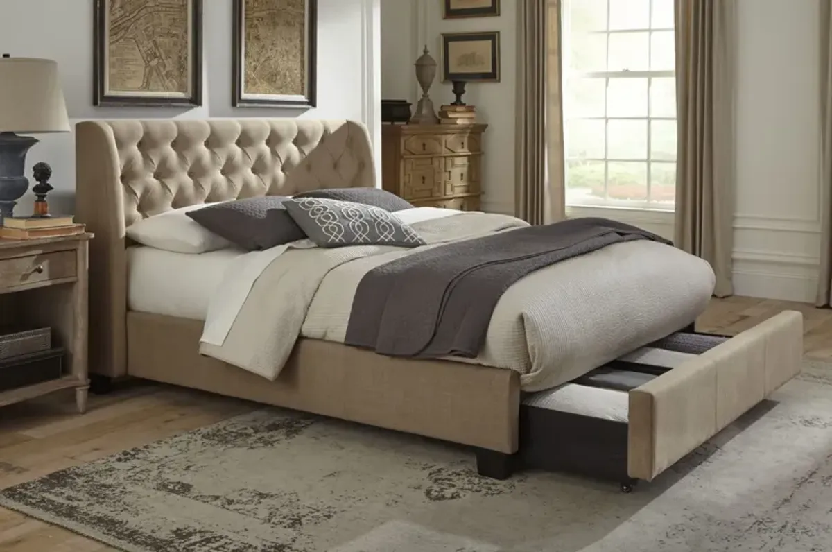 Levi California King-Size Tufted Storage Bed in Toast Linen