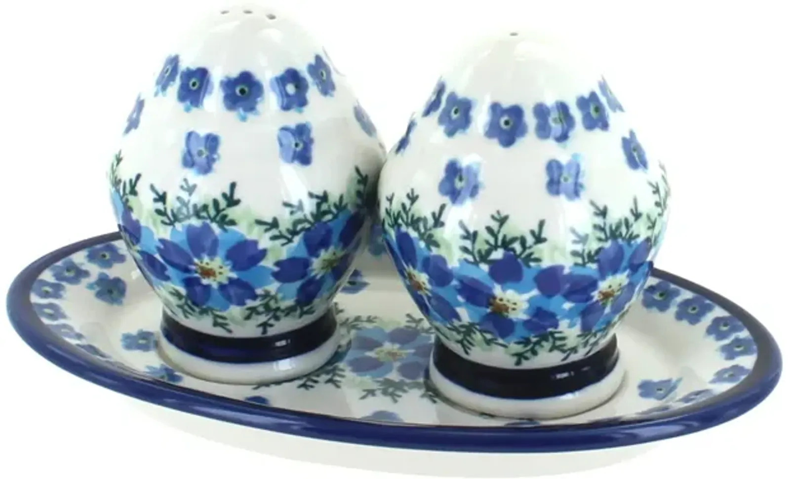 Blue Rose Polish Pottery Xena Salt & Pepper Shakers with Plate