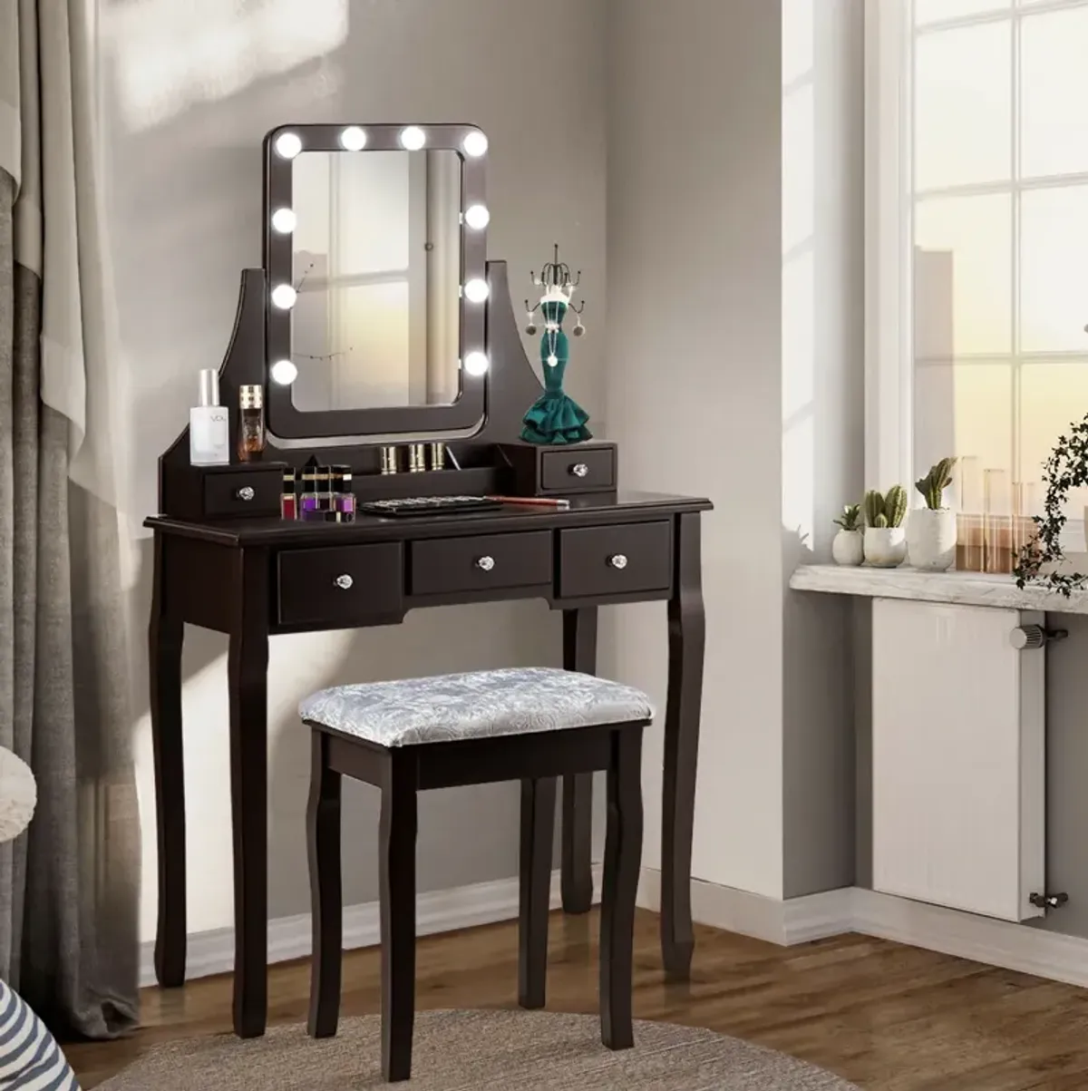 Vanity Dressing Table Set with 10 Dimmable Bulbs and Cushioned Stool