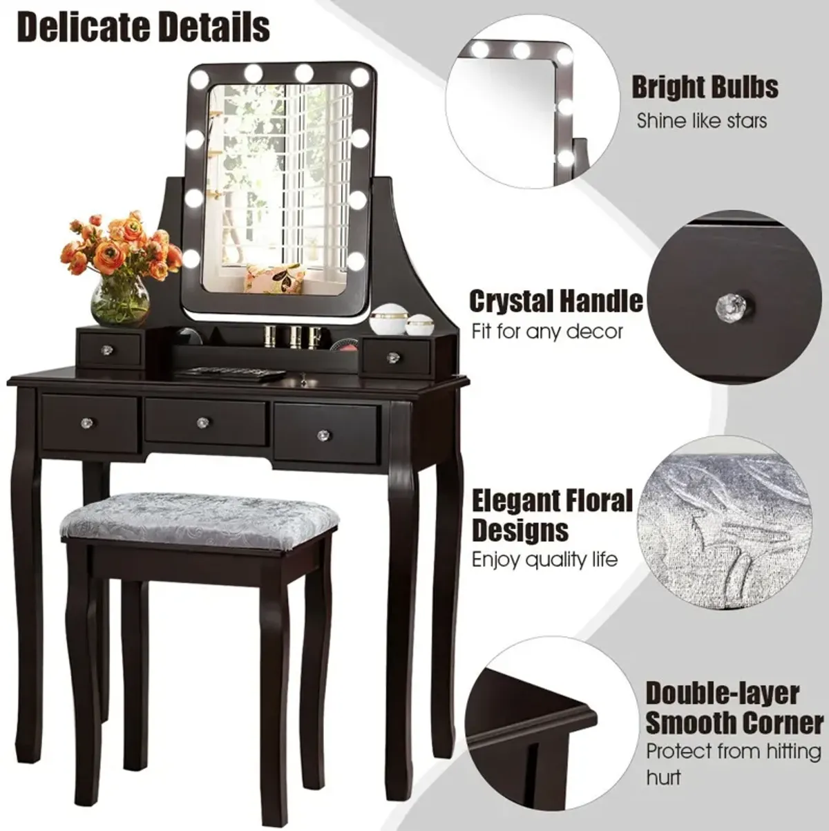 Vanity Dressing Table Set with 10 Dimmable Bulbs and Cushioned Stool