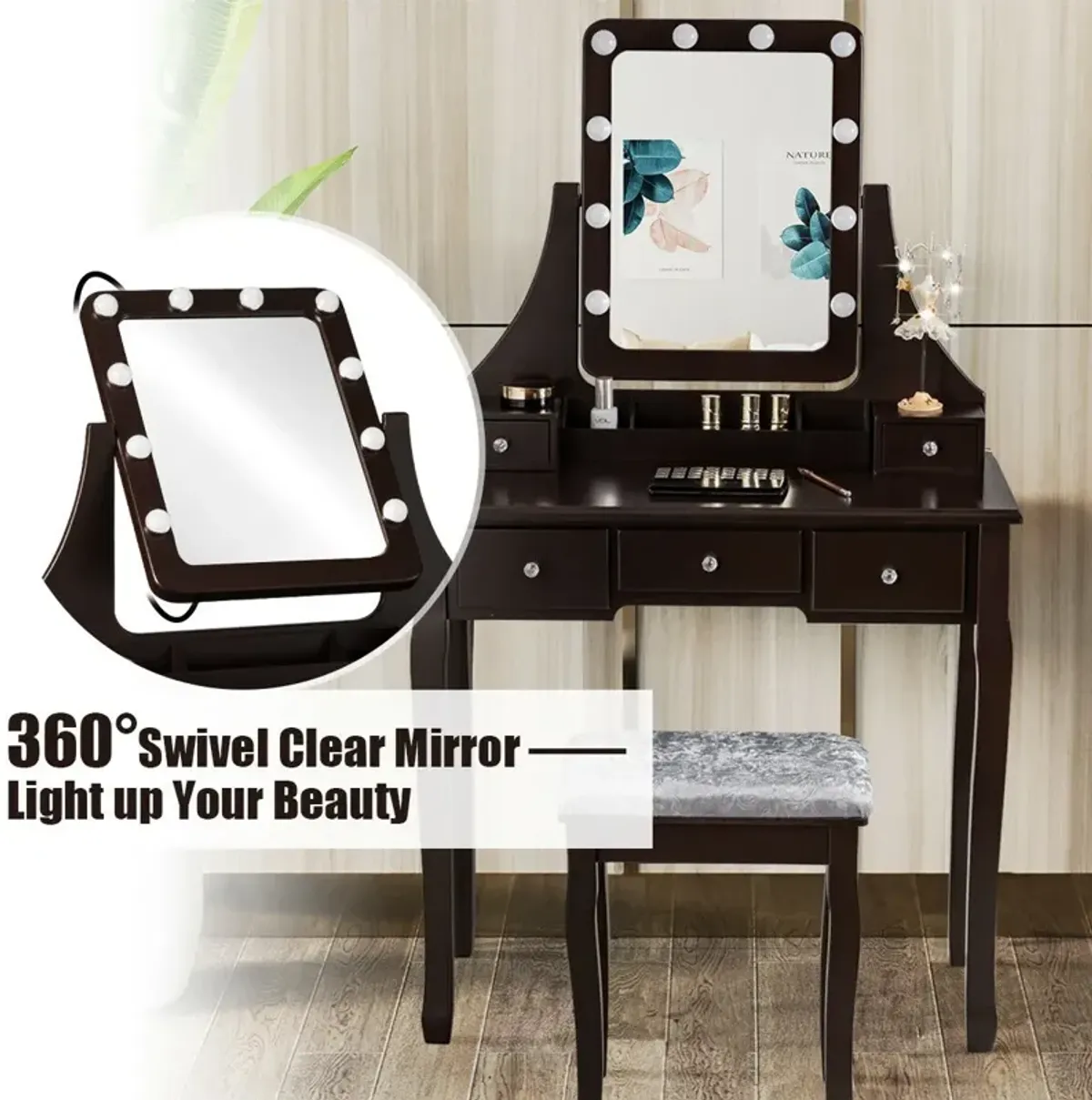 Vanity Dressing Table Set with 10 Dimmable Bulbs and Cushioned Stool