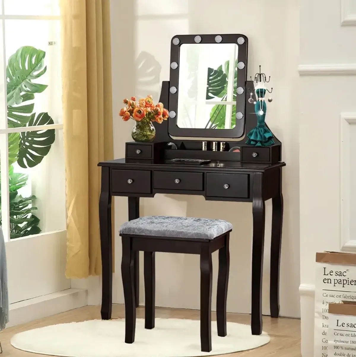 Vanity Dressing Table Set with 10 Dimmable Bulbs and Cushioned Stool