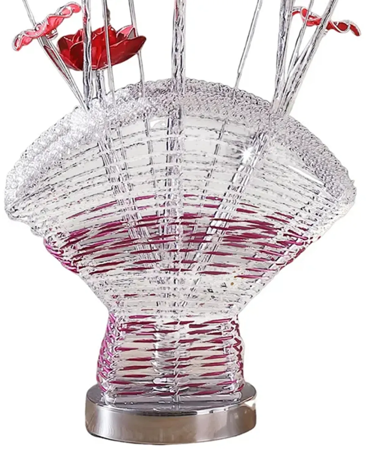 Accent Table Lamp, LED, Red Roses Fan Crystal Vase, Chrome 22 Inch - Benzara